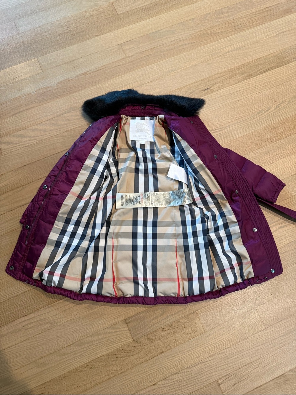 Burberry Children Girls' Quilted Winter Coat with Faux Fur Collar - Plum - Picture 3 of 4